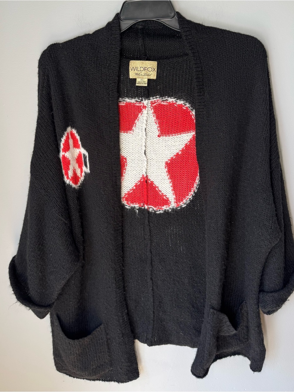 Wildfox Black Open-Front Star Pocketed Cardigan Sweater - Black & Red Sz XS